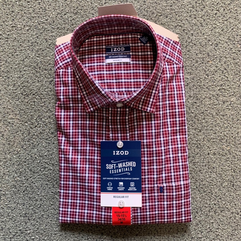 IZOD Soft-Washed Essentials Mens Regular Fit Plaid Button Down Shirt Red M